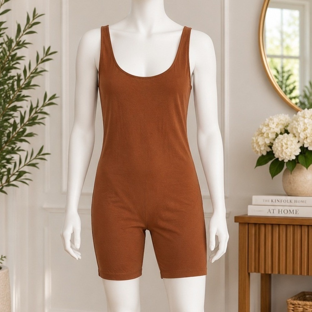 Poshdivah Women Romper Bodysuit Brown Solid Sleeveless Large